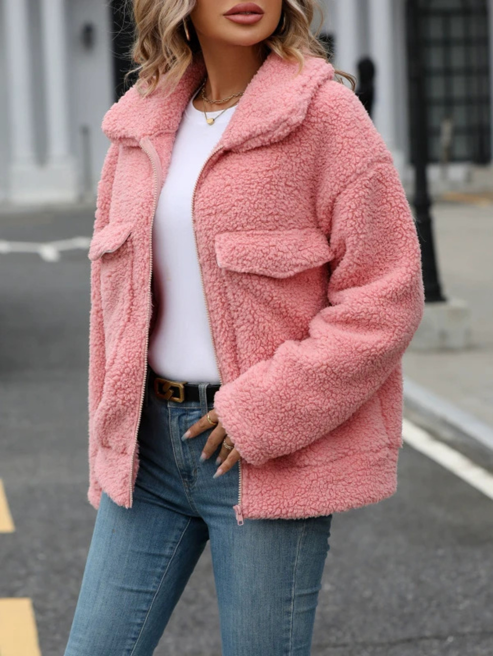 ZARA Shiny Fleece Fall Winter Oversized Lapel Collar Big Pockets Zip Up Jacket